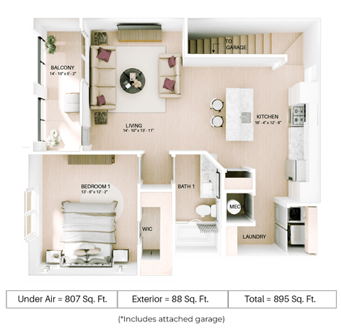 Floor plan for 1 bed, 1 bath, 807 sqft